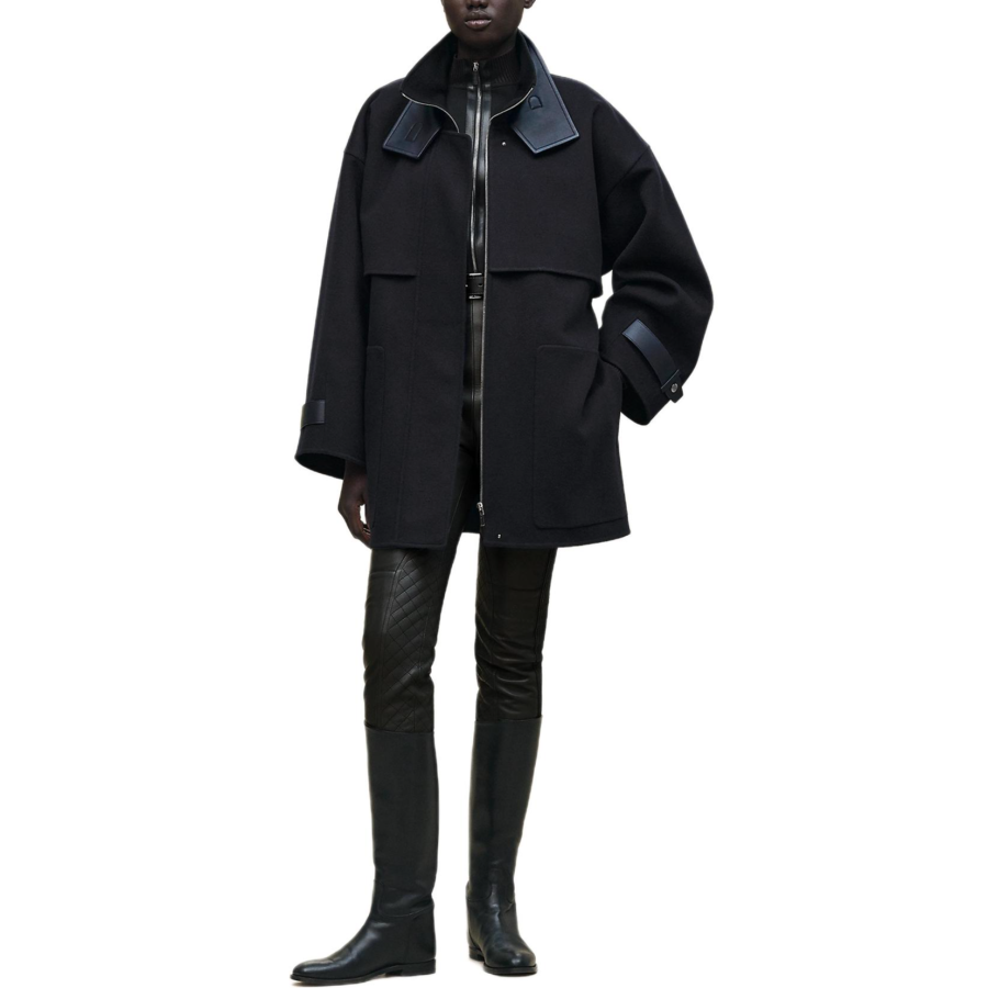 HERMES Coats Women's Blue Black Turtleneck Moderate Other
