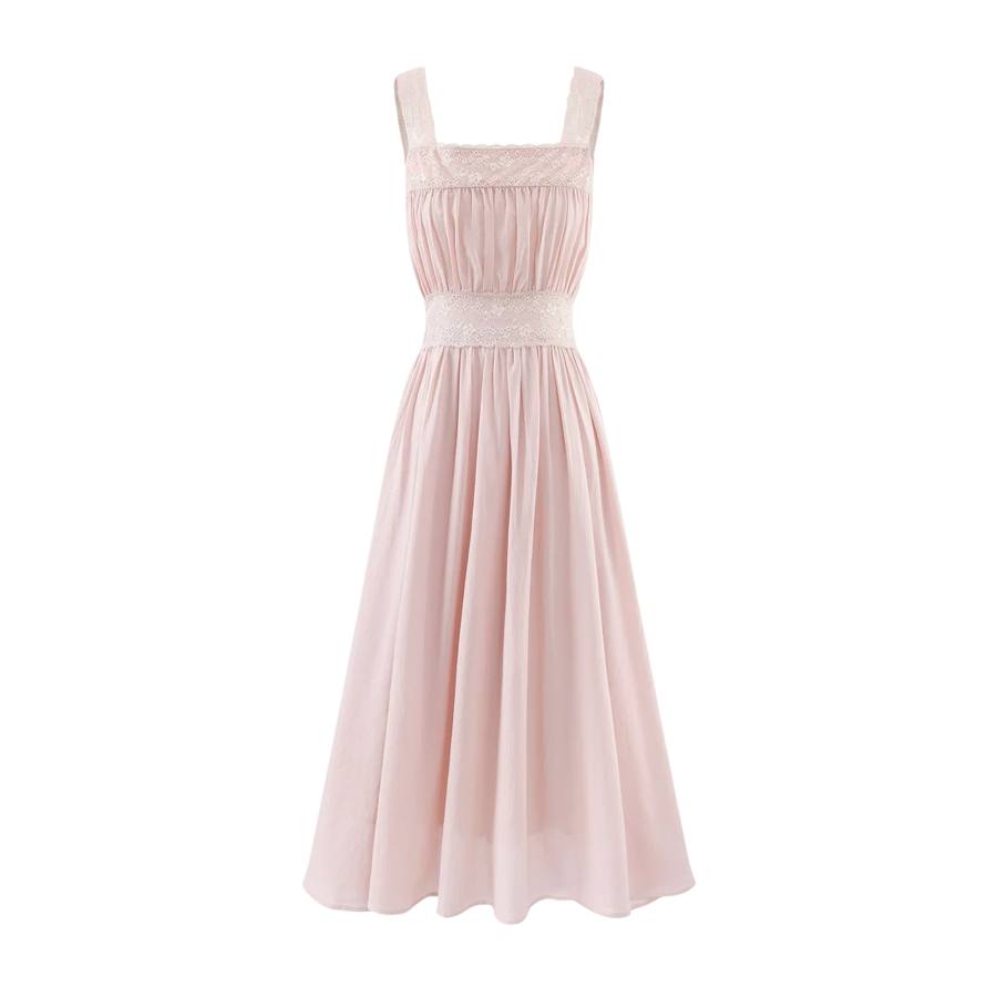 TUSHIFEI Slip Dresses Women's Pale Dogwood Color Square Collar Moderate Long Skirt A Line Skirt