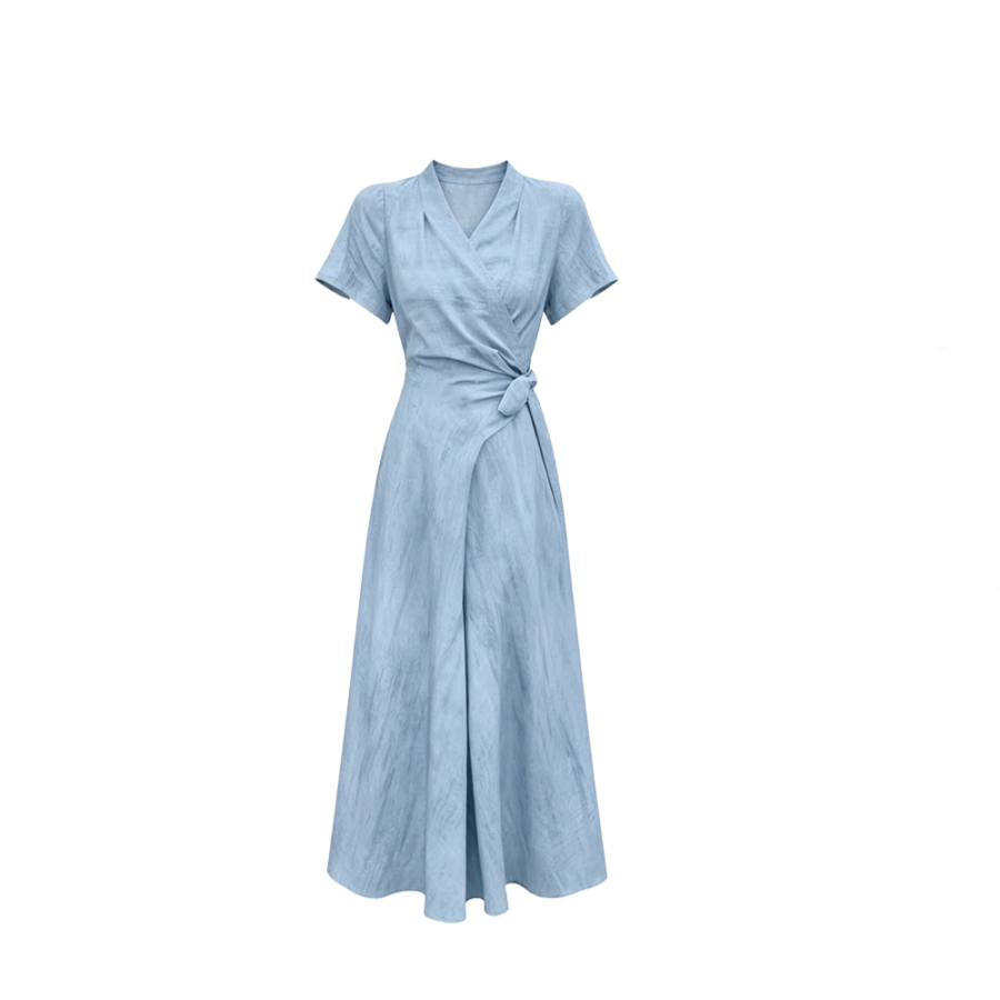 CPAURA Short Sleeved Dresses Women's V Neck Moderate Long Skirt A Line Skirt