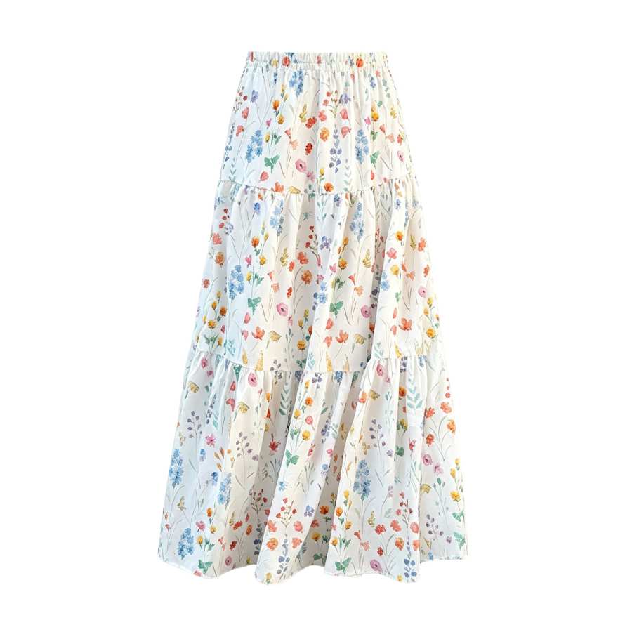 Sugarfunk Casual Long Skirts Women's Ecru With Multicolor Floral Thin Long Skirt Tiered Skirt
