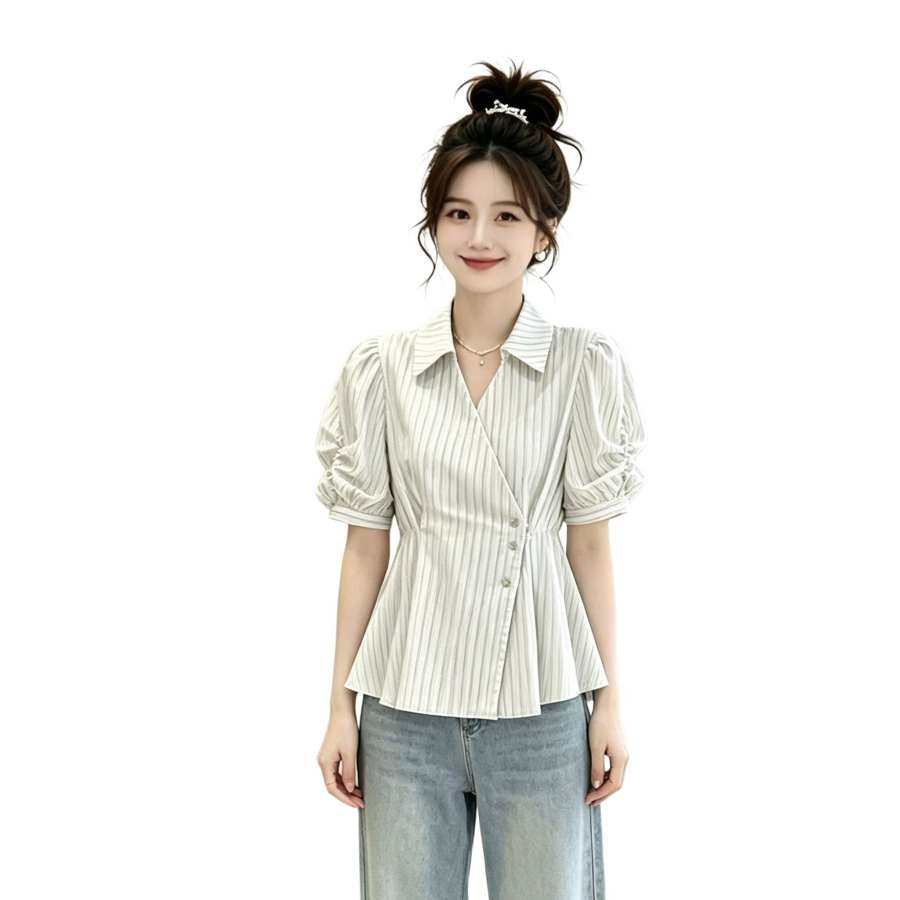 Sugarfunk Shirts Women's White Base Light Gray Stripes Lapel Moderate Nipped In Waist