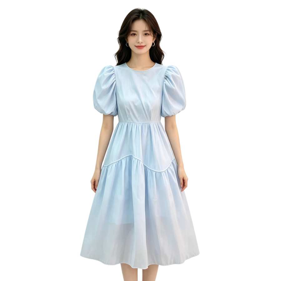 Sugarfunk Short Sleeved Dresses Women's Light Blue Crew Neck Thin Midi Skirt Tiered Skirt