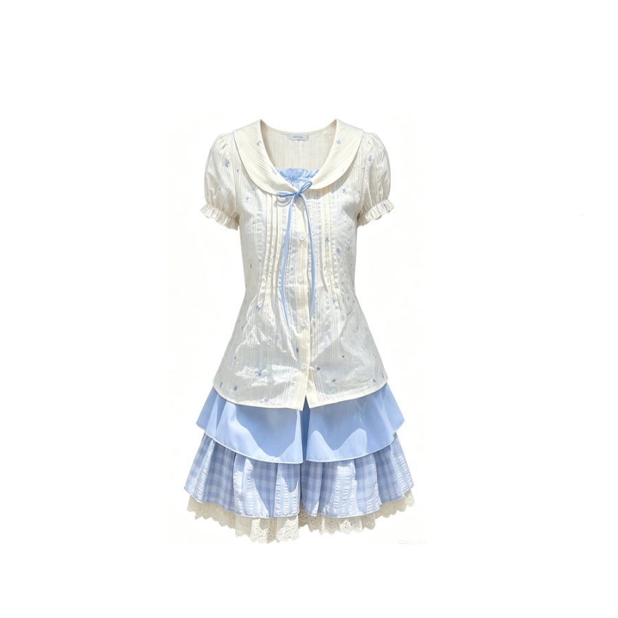 CPAURA Two Piece Skirt Sets Women's Peter Pan Collar Moderate Short Skirt