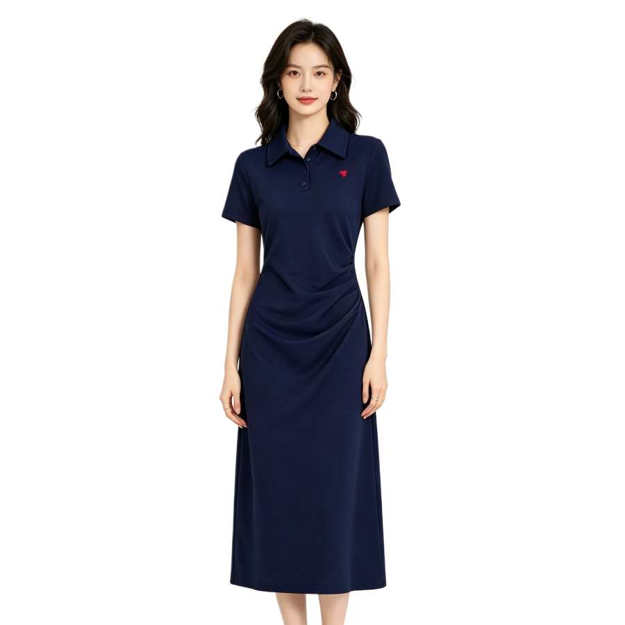 Sugarfunk Short Sleeved Dresses Women's Polo Collar Thin Midi Skirt A Line Skirt