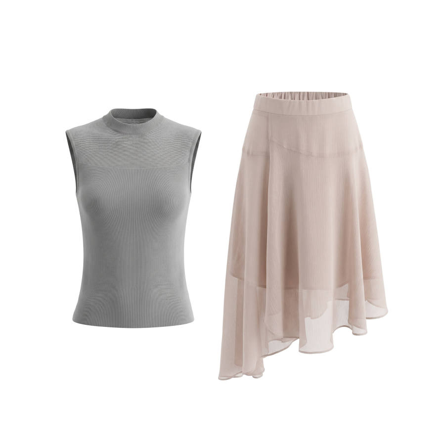 TUSHIFEI Two Piece Skirt Sets Women's Irregular Thin Midi Dress