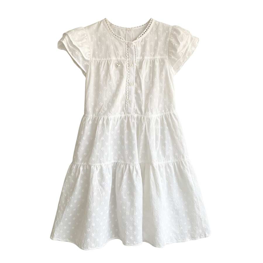 Sugarfunk Short Sleeved Dresses Women's White Crew Neck Thin Short Skirt Tiered Skirt