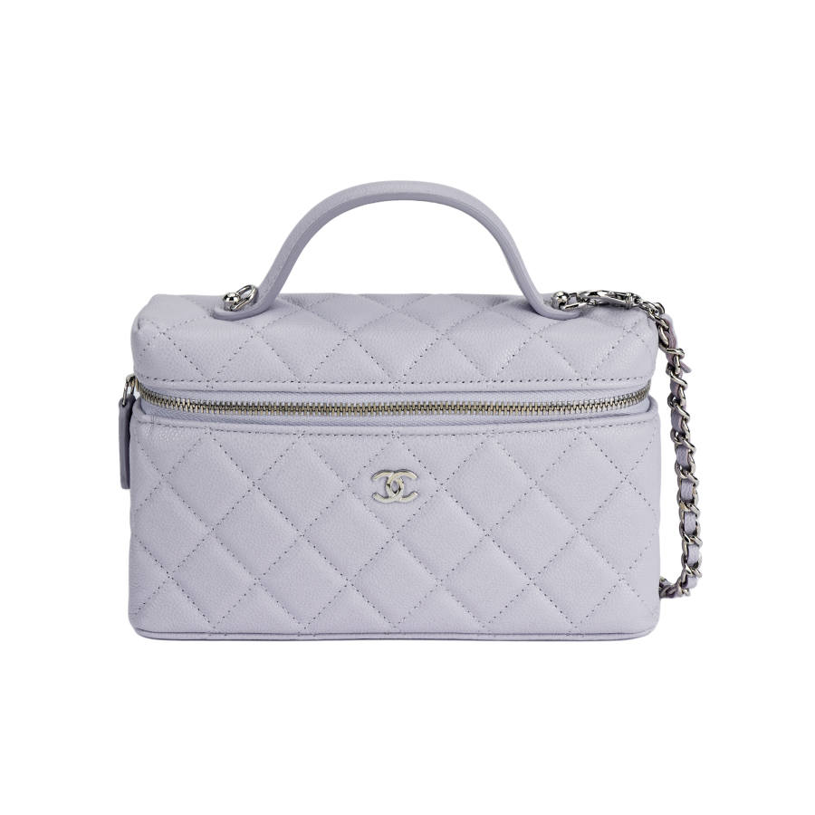 CHANEL Shiny Grain Calfskin & Silver Metal Handbag Women's Purple