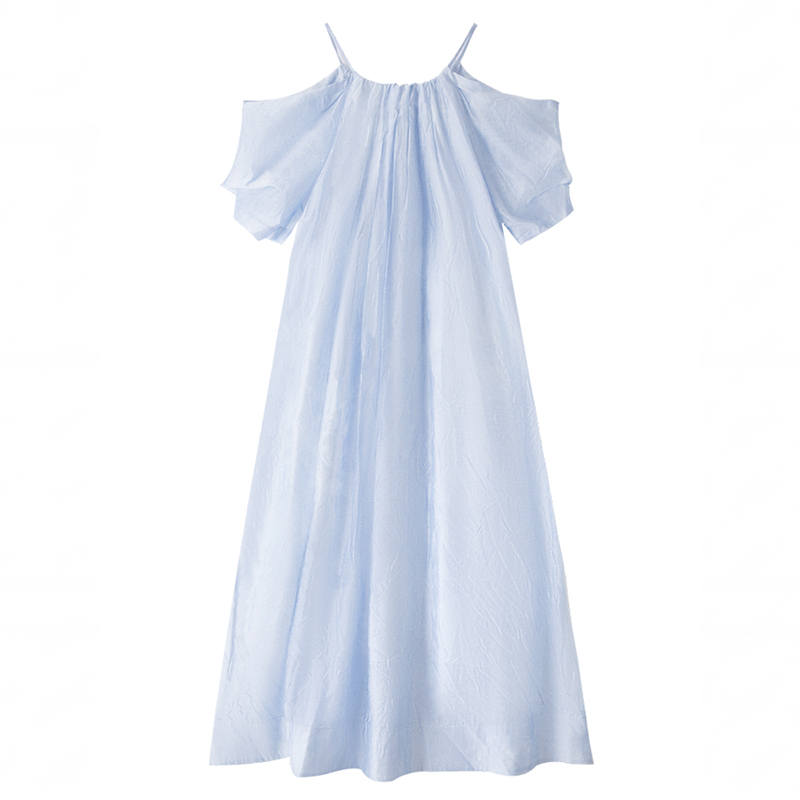 XIANGYING Short Sleeved Dresses Women's Blended Blue Crew Neck Moderate Midi Skirt