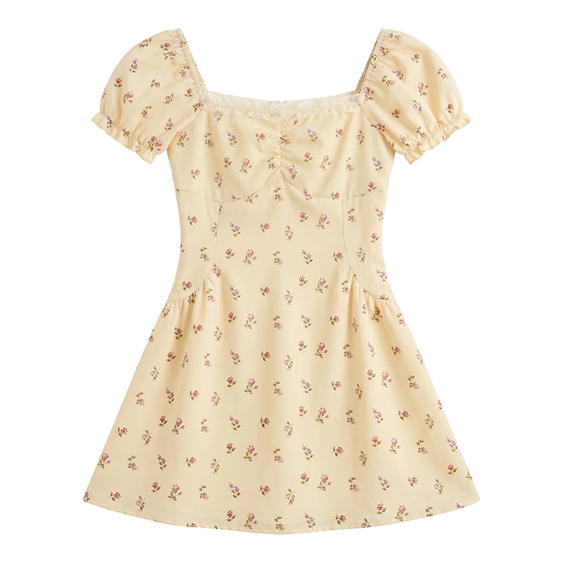 FABRIC PIG Short Sleeved Dresses Women's Short Sleeved Dress Square Collar Thin Short Skirt A Line Skirt