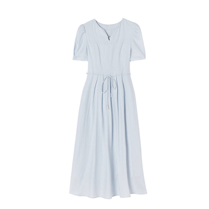 XIANGYING Short Sleeved Dresses Women's Light Blue V Neck Moderate Midi Skirt