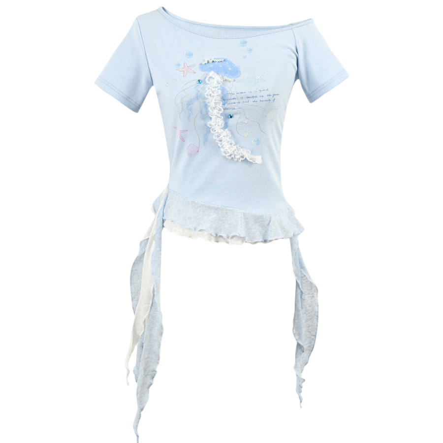 SNBL T Shirts Women's Blue Asymmetrical Shoulder Moderate