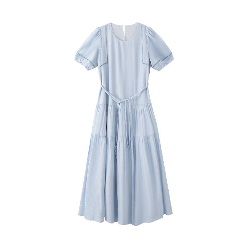 XIANGYING Short Sleeved Dresses Women's Holiday Blue Crew Neck Moderate Midi Skirt