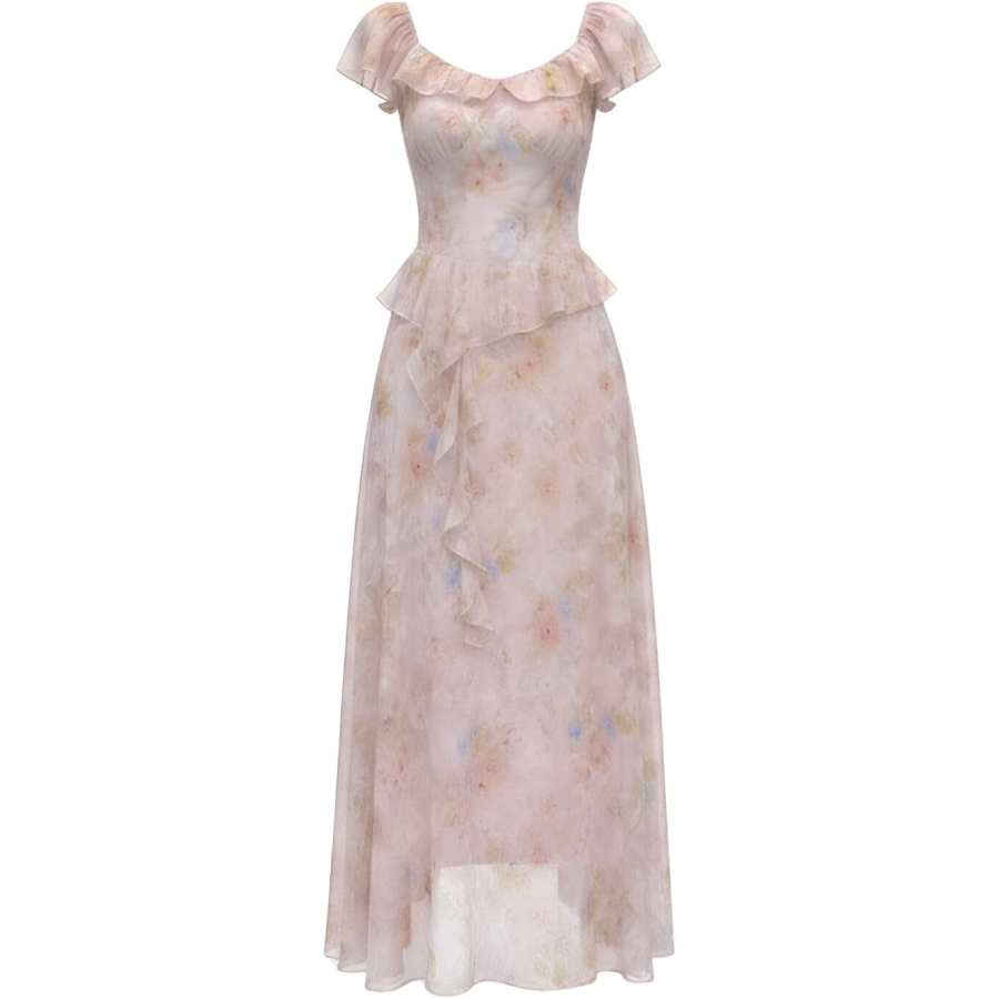 CHARM GLOW Short Sleeved Dresses Women's Pink Square Collar Thin Long Skirt A Line Skirt