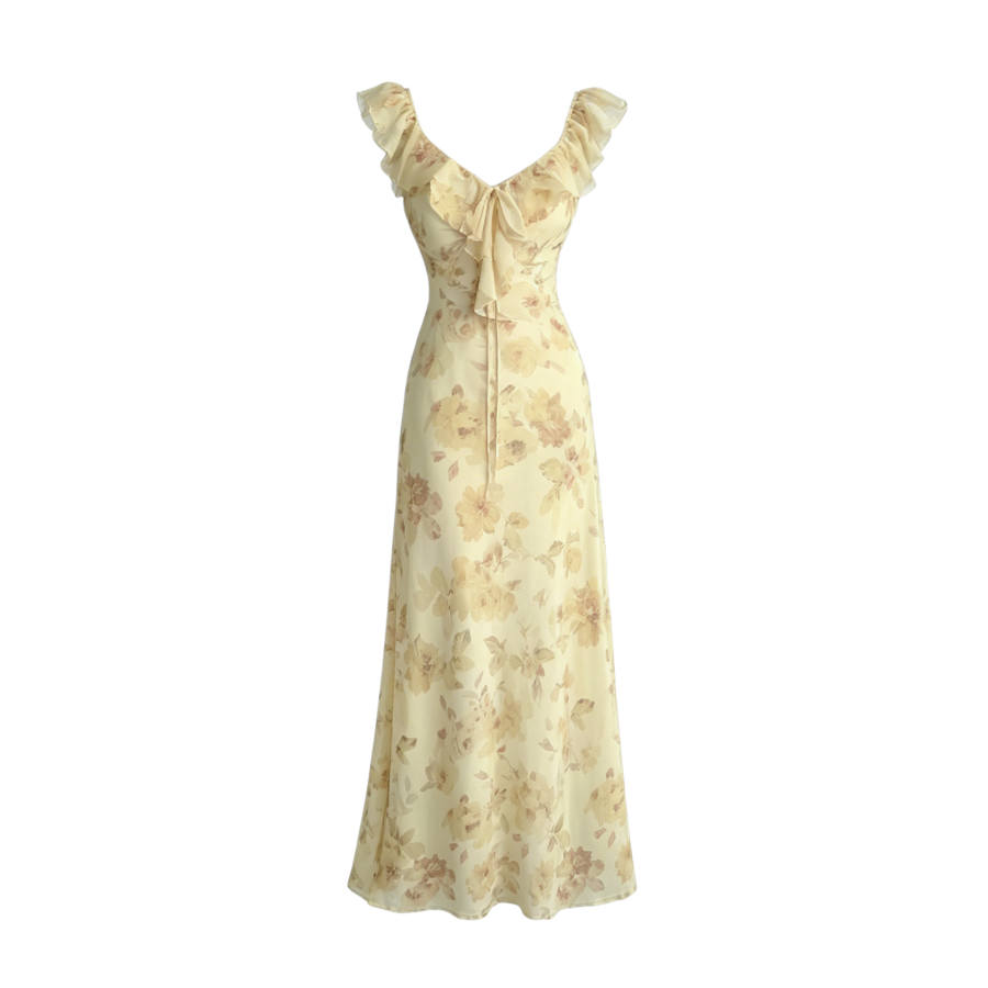 TUSHIFEI Sleeveless Dresses Women's Butter Yellow V Neck Moderate Midi Skirt Bodycon Skirt