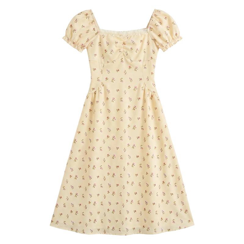 FABRIC PIG Short Sleeved Dresses Women's Light Yellow Square Collar Thin Midi Skirt A Line Skirt