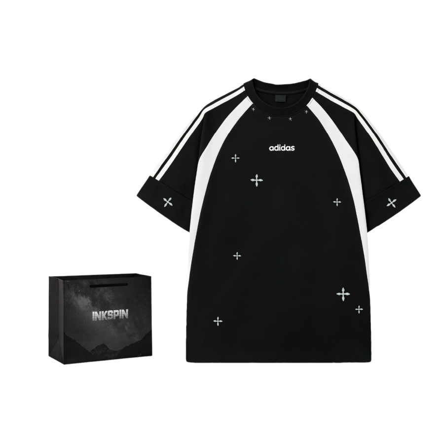 Adidas Adidas 3 Stripes T Shirts Unisex Black White Shopping Bag Crew Neck Moderate