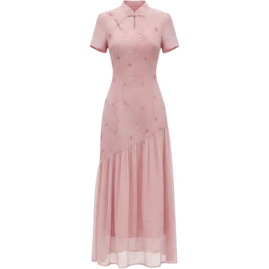 CHARM GLOW Short Sleeved Dresses Women's Pink Cheongsam Collar Thin Long Skirt A Line Skirt