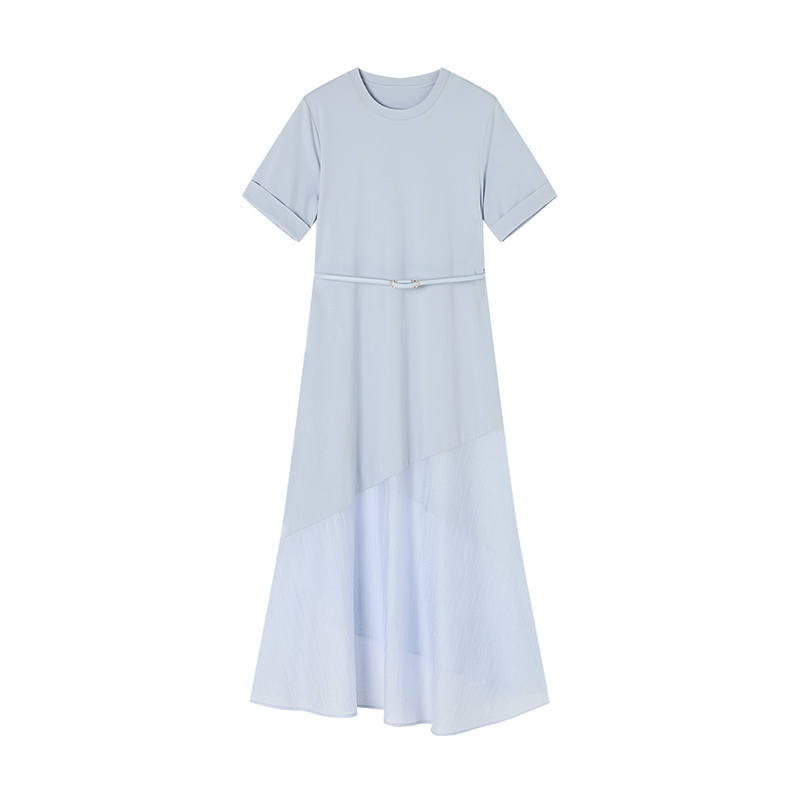 XIANGYING Short Sleeved Dresses Women's Light Blue Crew Neck Moderate Midi Skirt