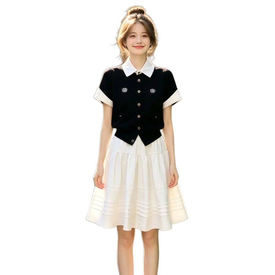 Sugarfunk Two Piece Skirt Sets Women's Peter Pan Collar Thin Midi Dress