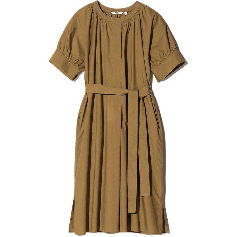 UNIQLO Short Sleeved Dresses Women's Camel Crew Neck Moderate