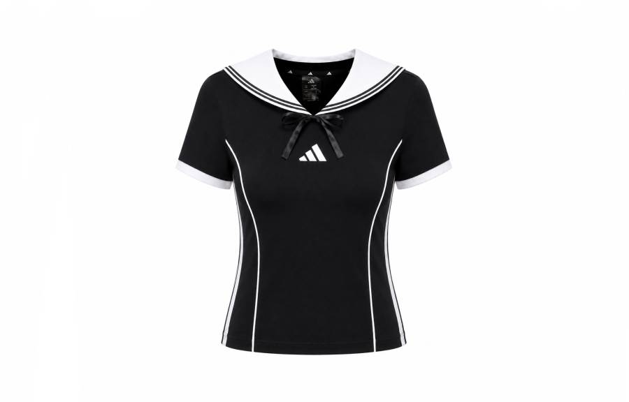 Adidas Adidas Sportswear T Shirts Women's Black Navy Collar Moderate Nipped In Waist