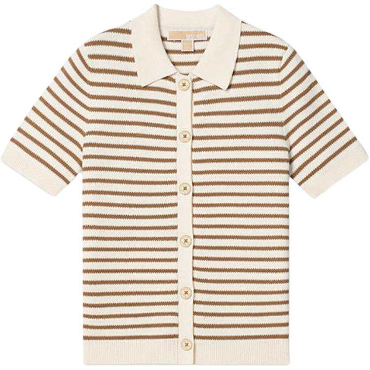 MICHAEL KORS Knitwear Women's White & Light Brown Lapel Moderate Straight Fit