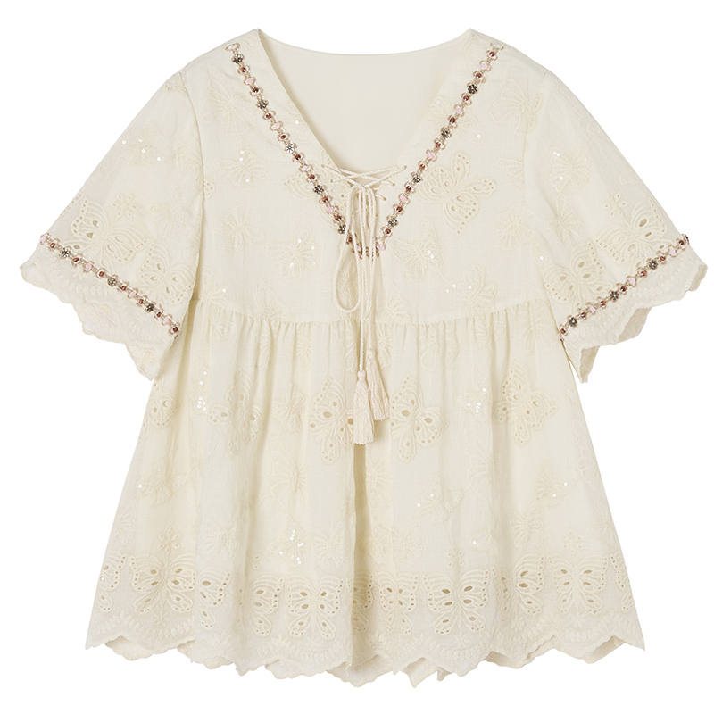 XIANGYING Shirts Women's Heron White V Neck Thin