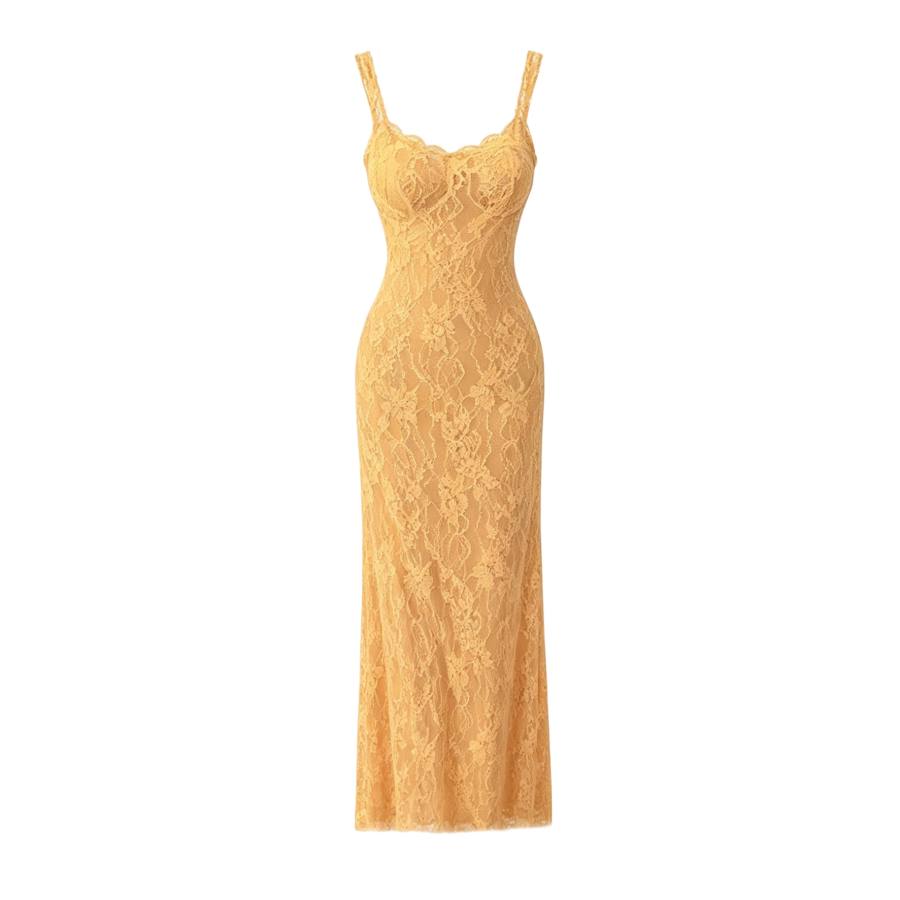 TUSHIFEI Slip Dresses Women's Sunset Orange Square Collar Moderate Long Skirt Bodycon Skirt