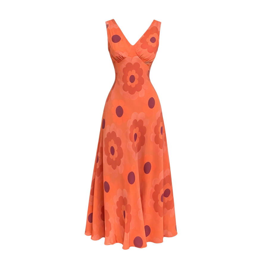 TUSHIFEI Sleeveless Dresses Women's Orange V Neck Moderate Long Skirt A Line Skirt