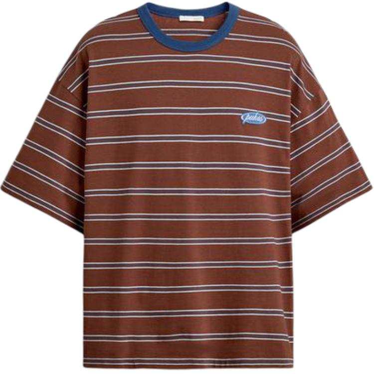 ZARA T Shirts Men's Brown/White/Blue Crew Neck Moderate Straight Fit