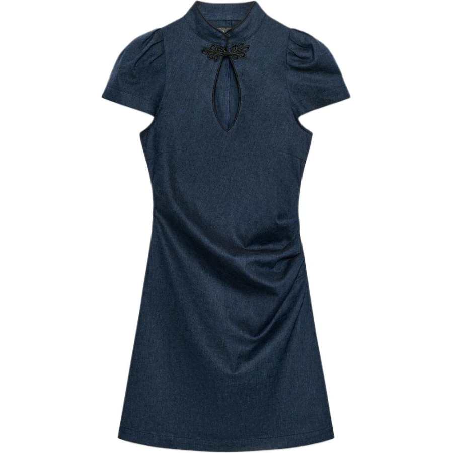 ZARA Short Sleeved Dresses Women's Indigo Cheongsam Collar Moderate Short Skirt