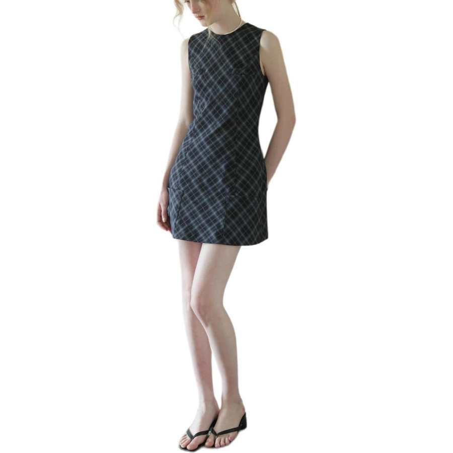 Adidas Adidas Short Sleeved Dresses Women's Black Gray Plaid Crew Neck Moderate Short Skirt