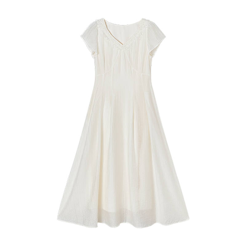 XIANGYING Short Sleeved Dresses Women's Heron White V Neck Thin Midi Skirt