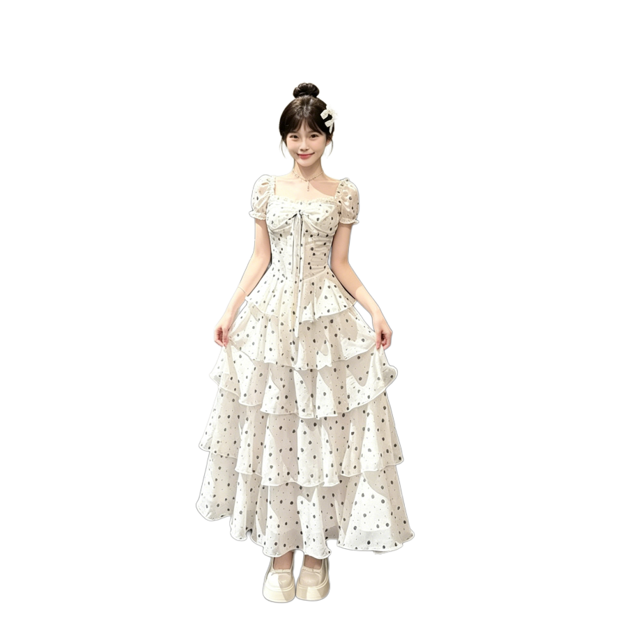 Sugarfunk Short Sleeved Dresses Women's Polka Dot Cake Princess Dress Square Collar Thin Long Skirt Tiered Skirt