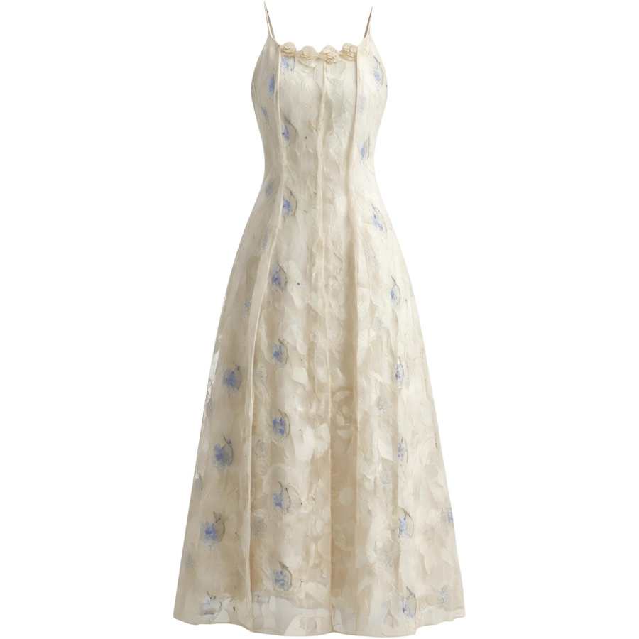 CHARM GLOW Sleeveless Dresses Women's Apricot Square Collar Thin Midi Skirt A Line Skirt