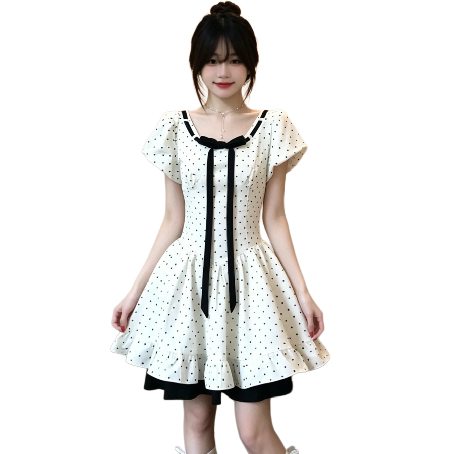 Sugarfunk Short Sleeved Dresses Women's Polka Dot Puff Sleeve Dress Square Collar Thin Short Skirt A Line Skirt