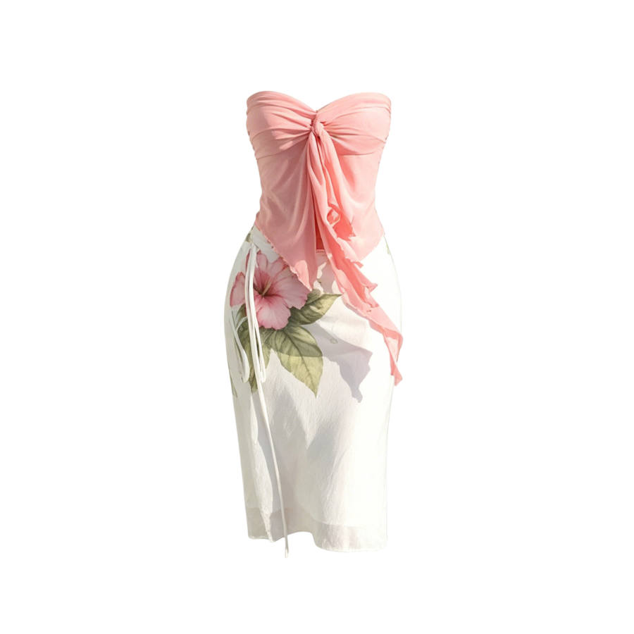 TUSHIFEI Two Piece Skirt Sets Women's Strapless Top Thin Midi Dress