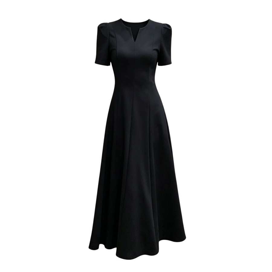 Sugarfunk Short Sleeved Dresses Women's Black V Neck Moderate Long Skirt A Line Skirt