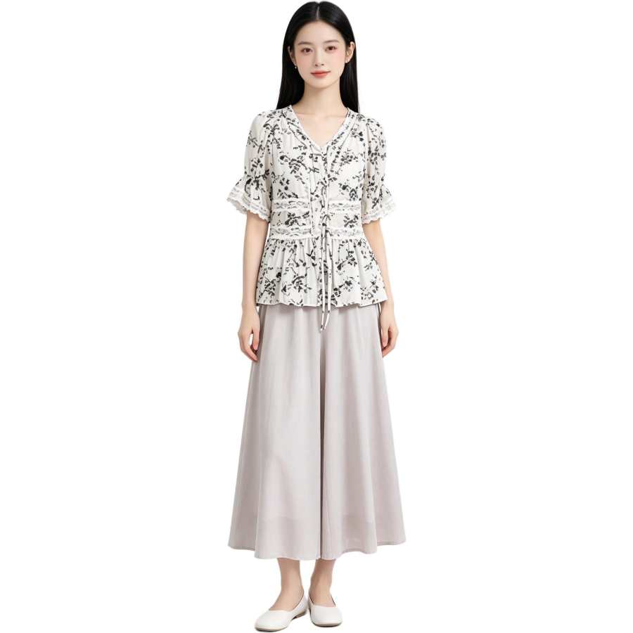 MARIE·COCO Two Piece Skirt Sets Women's V Neck Moderate Long Skirt