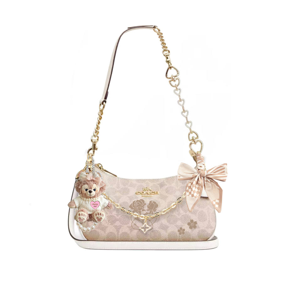 COACH Teri Coated Canvas Shoulder Bag Medium Women's Sand & Chalk White