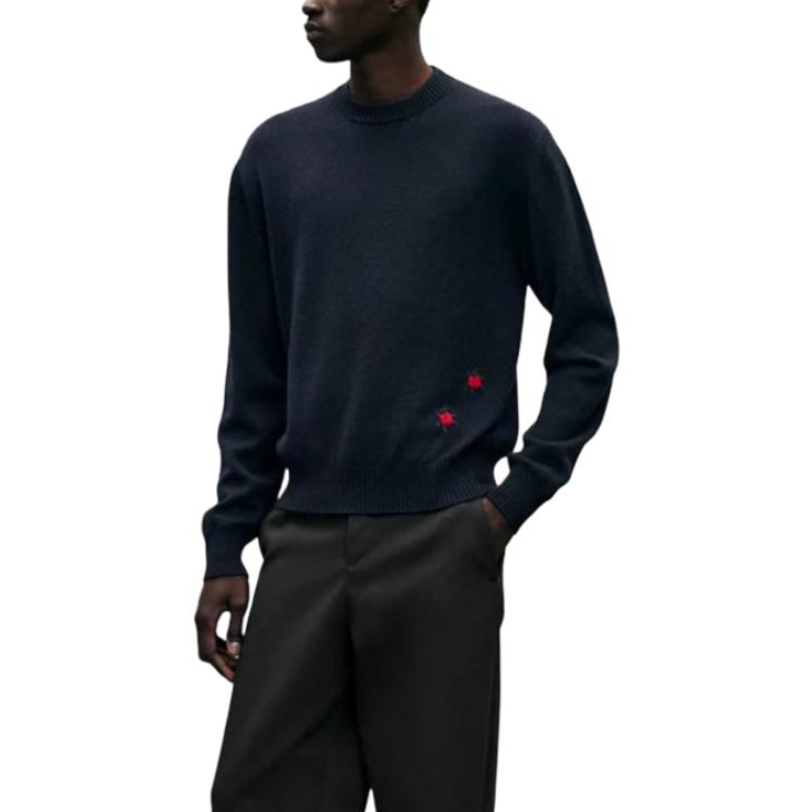 HERMES Cashmere Sweaters Men's Marine Blue Crew Neck Moderate Straight Fit