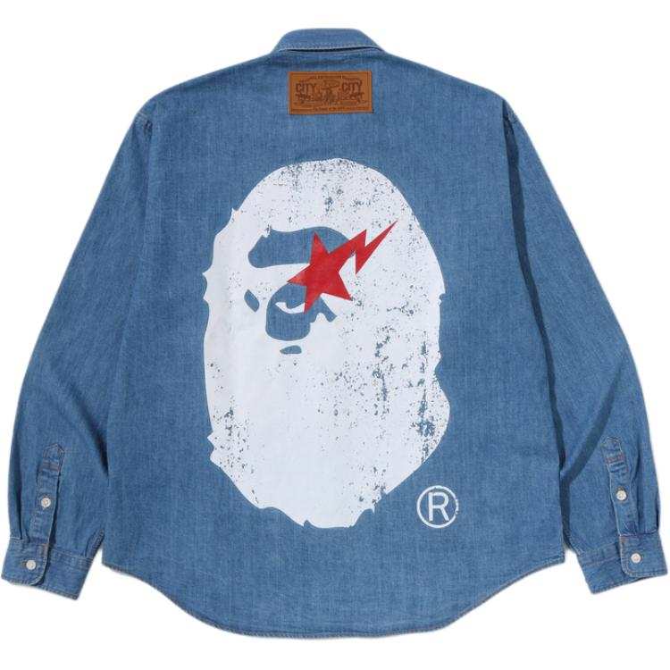 A BATHING APE JAPAN DENIM Shirts Unisex Light Indigo Lapel Moderate