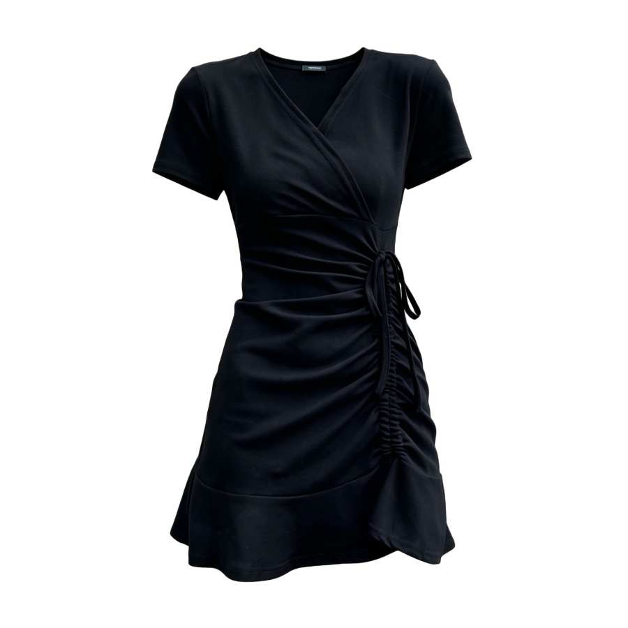 Sugarfunk Short Sleeved Dresses Women's Black V Neck Thin Short Skirt Fishtail Dress