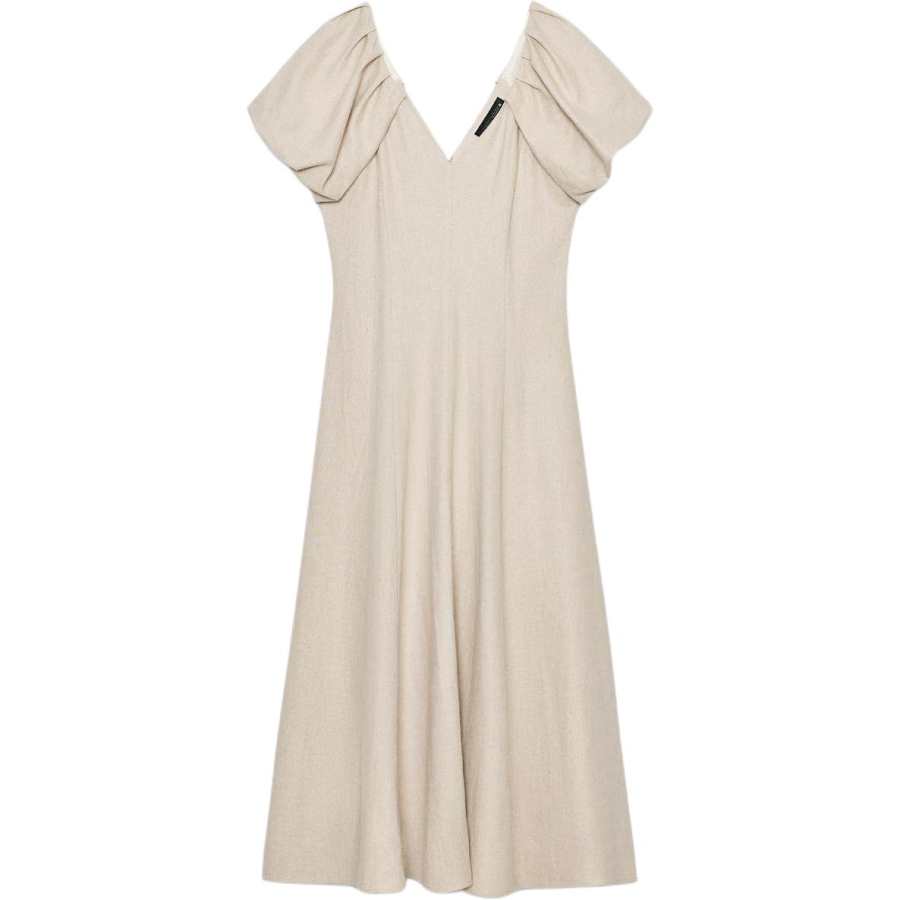 ZARA Short Sleeved Dresses Women's Beige V Neck Moderate Midi Dress