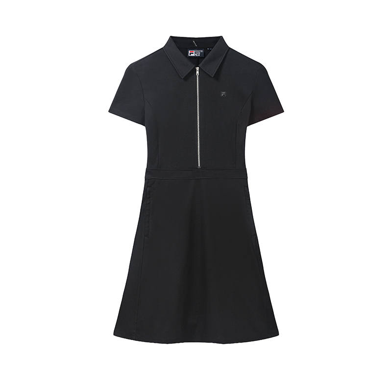 FILA WHITE Short Sleeved Dresses Women's Jet Black Lapel Moderate Midi Dress A Line Skirt