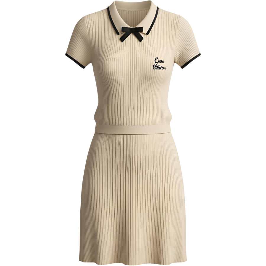 CHARM GLOW Short Sleeved Dresses Women's Ecru Polo Collar Moderate Short Skirt A Line Skirt