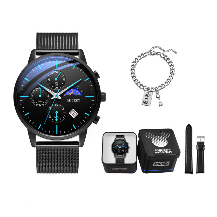 Disney Men's Moon Phase Collection Quartz Movement Alloy Strap Watch Men's Watches Black Dial