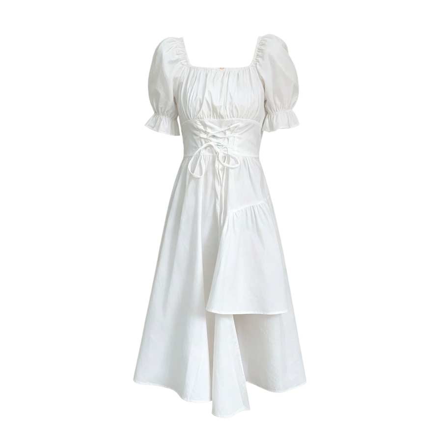 Sugarfunk Short Sleeved Dresses Women's Square Collar Moderate Midi Skirt A Line Skirt