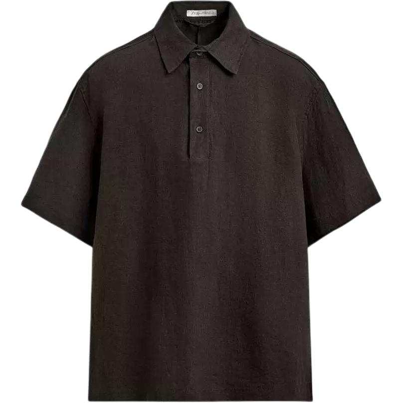 ZARA Polo Shirts Men's Dark Brown Lapel Moderate Straight Fit