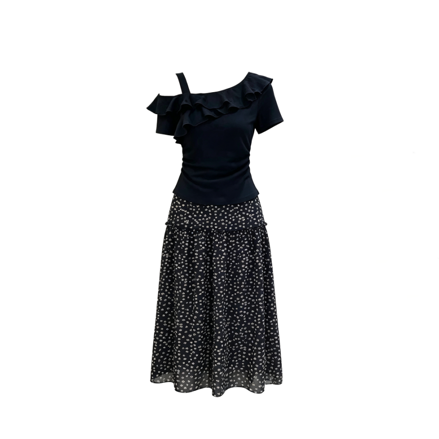 CPAURA Two Piece Skirt Sets Women's Asymmetrical Collar Thin Long Skirt